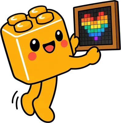 La mascotte Pixmi brandit fièrement un tableau en pixel art