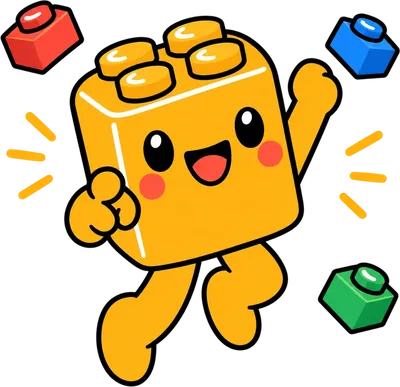 La mascotte Pixmi saute de joie au milieu de briques colorées