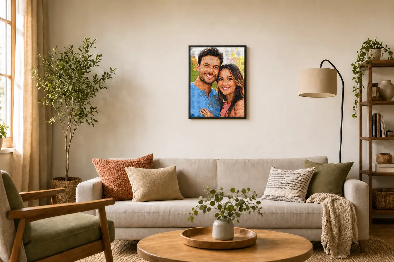 Portrait de couple transformé en pixel art mural